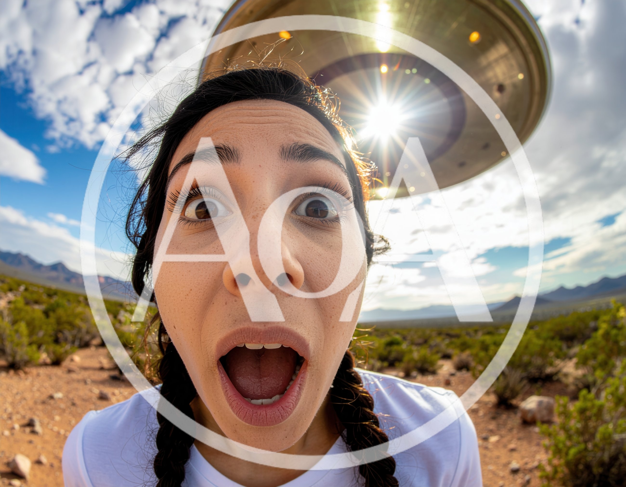 Shocked Woman Looking Up At A Flying Saucer
