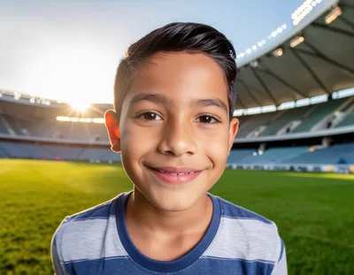 Young Boy Smiling On A Professional Soccer Field