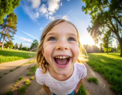 Happy Young Girl With Fisheye Lens Portrait