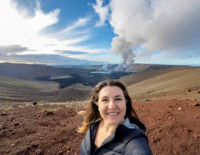 Woman Taking Selfie At Volcanic Crater In Hawaii
