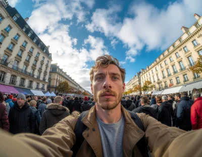 Young Man Taking Selfie In A Crowded City Square