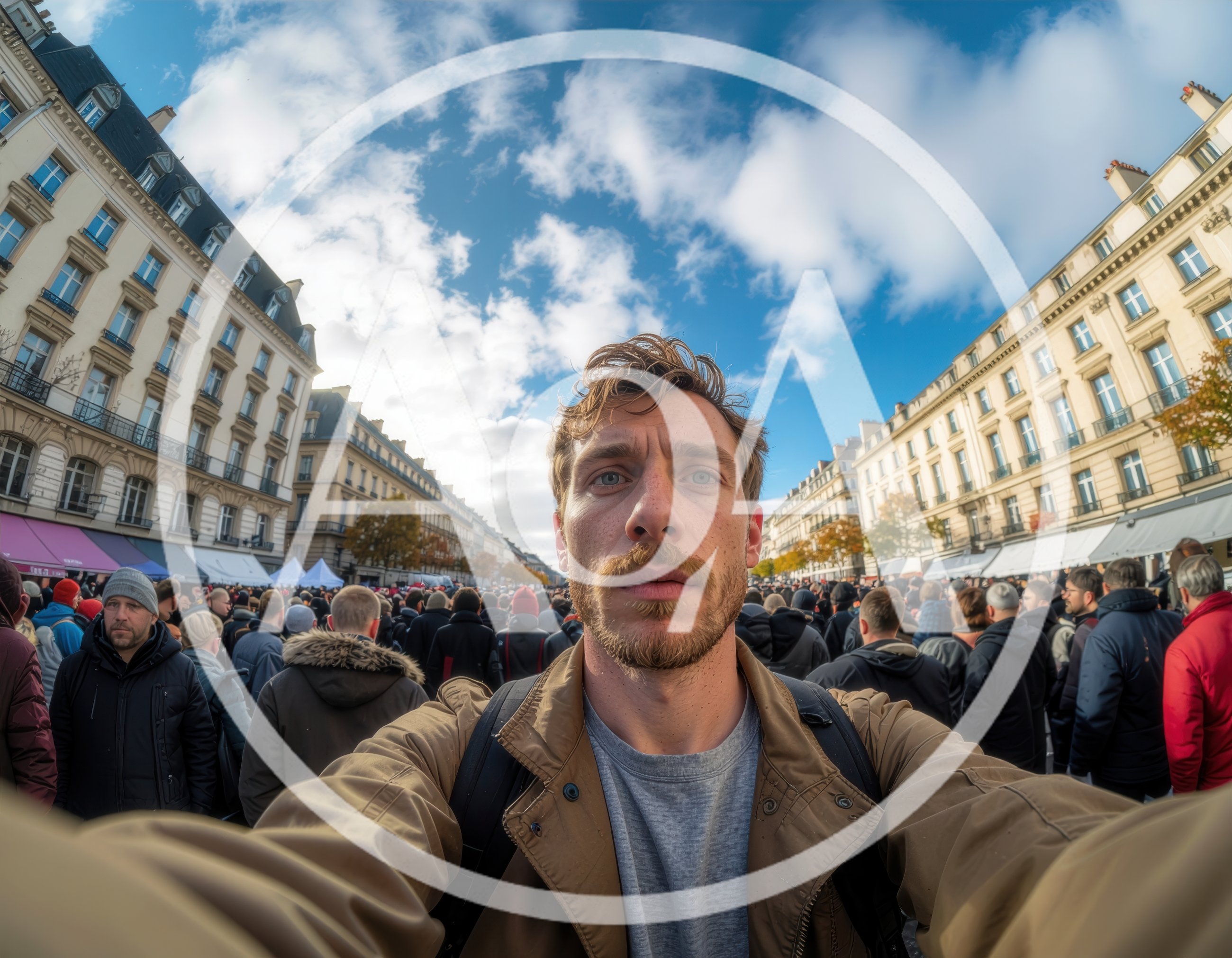 Young Man Taking Selfie In A Crowded City Square
