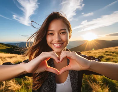 Young Woman Making Heart Shape With Hands At Sunset