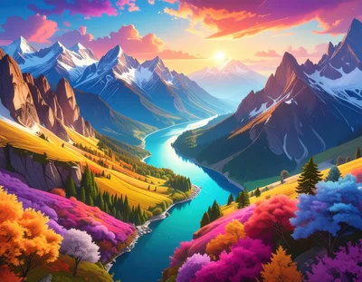 Vibrant Mountain Valley Landscape With Winding River