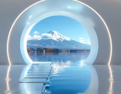 Futuristic Circular Portal Overlooking Mount Fuji