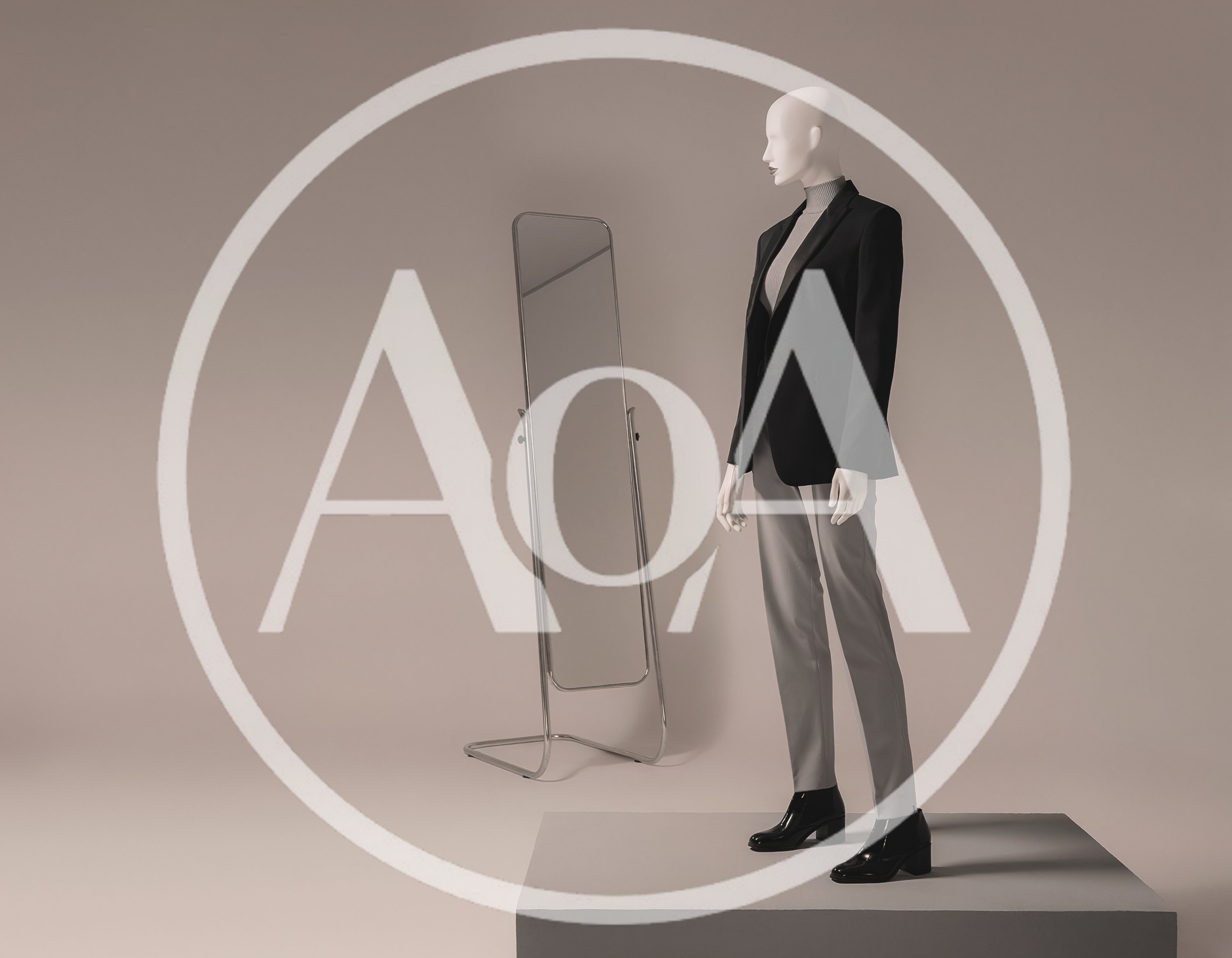 Mannequin Wearing Business Attire Beside A Standing Mirror