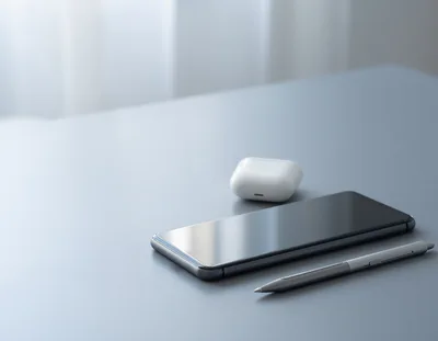 Smartphone Earbuds and Stylus Pen on Desk
