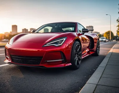 Red Sports Car Parked on City Street at Sunset