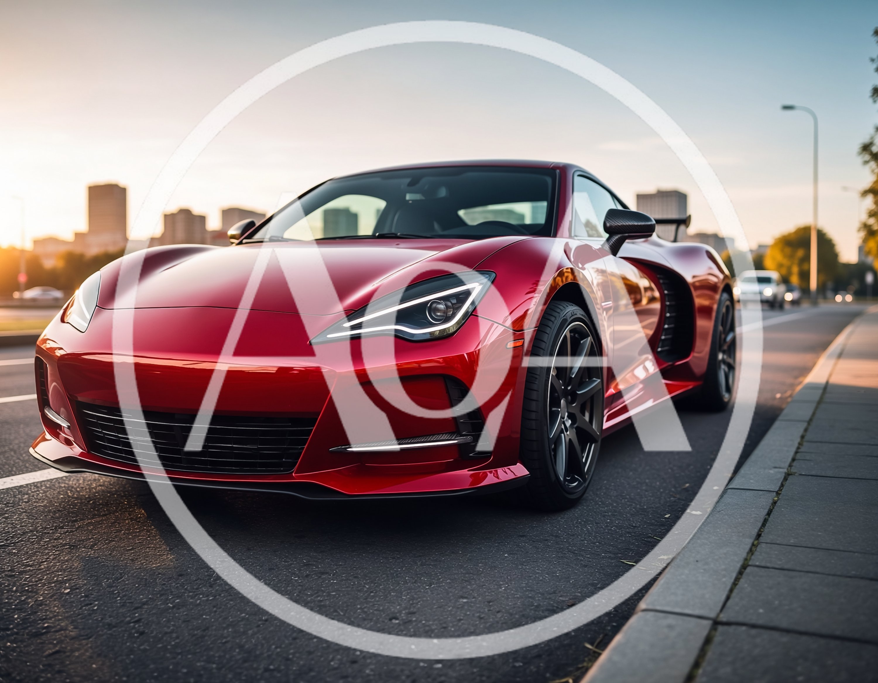 Red Sports Car Parked on City Street at Sunset