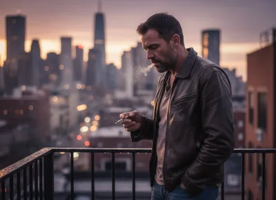 Man Smoking Cigarette on Urban Rooftop at Sunset