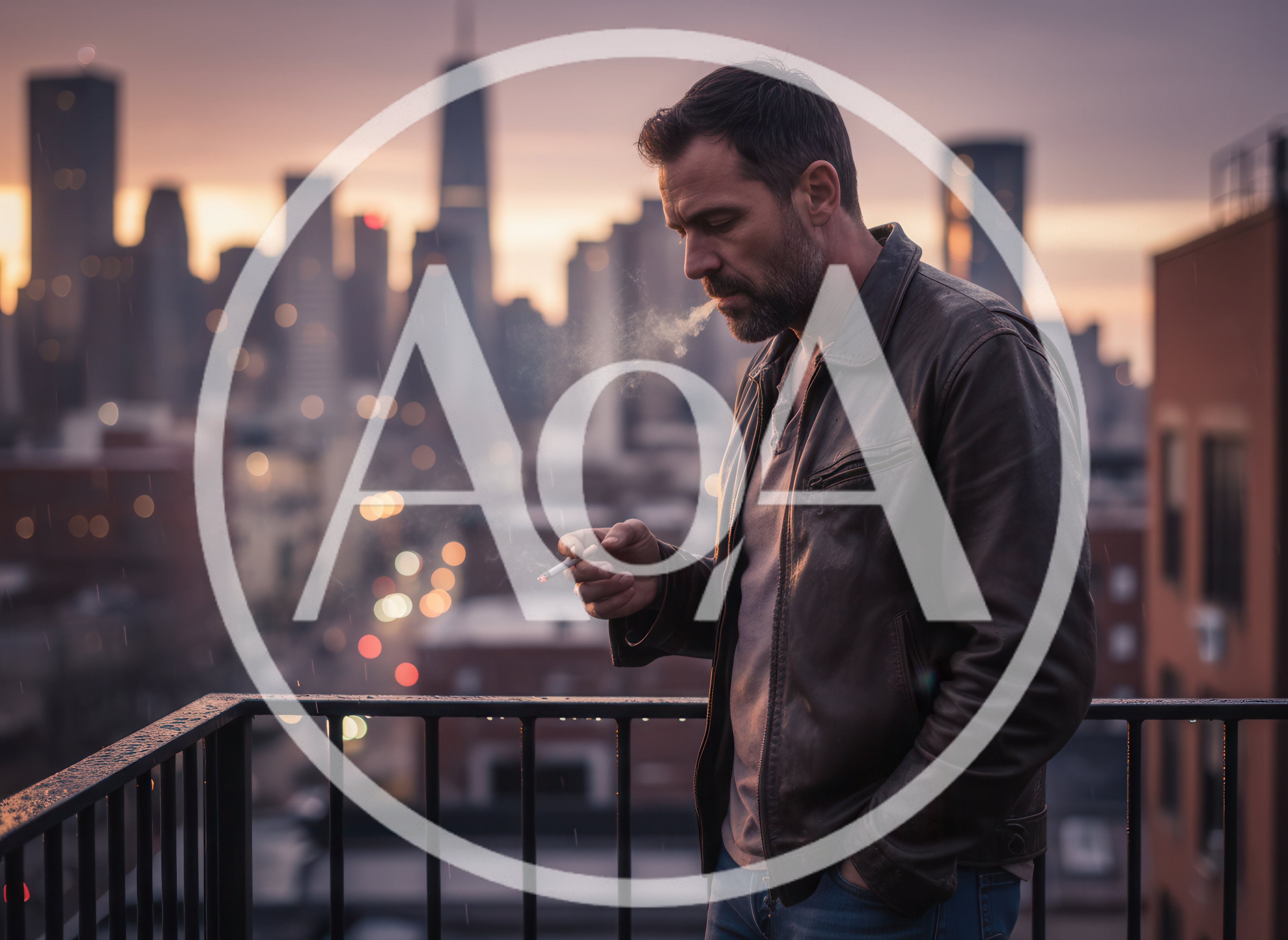 Man Smoking Cigarette on Urban Rooftop at Sunset
