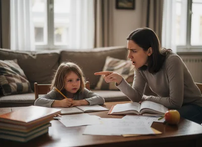 Mother Scolding Young Daughter During Home Schooling Session