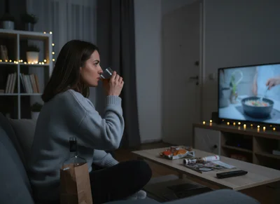 Young Woman Drinking Alone While Watching Cooking Show
