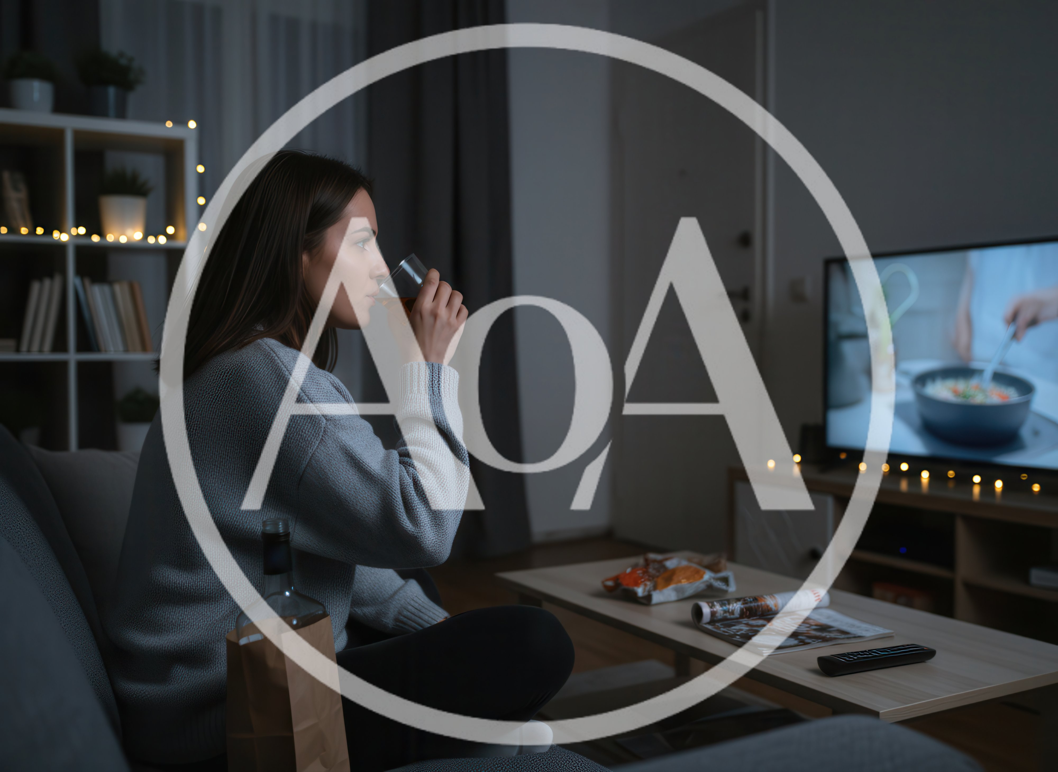 Young Woman Drinking Alone While Watching Cooking Show