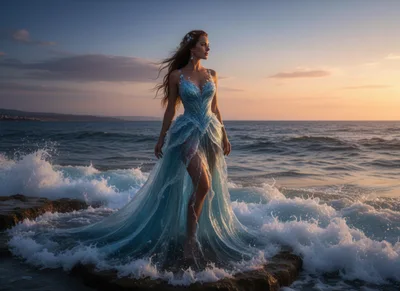 Ethereal Woman In Blue Gown Standing On Ocean Rocks