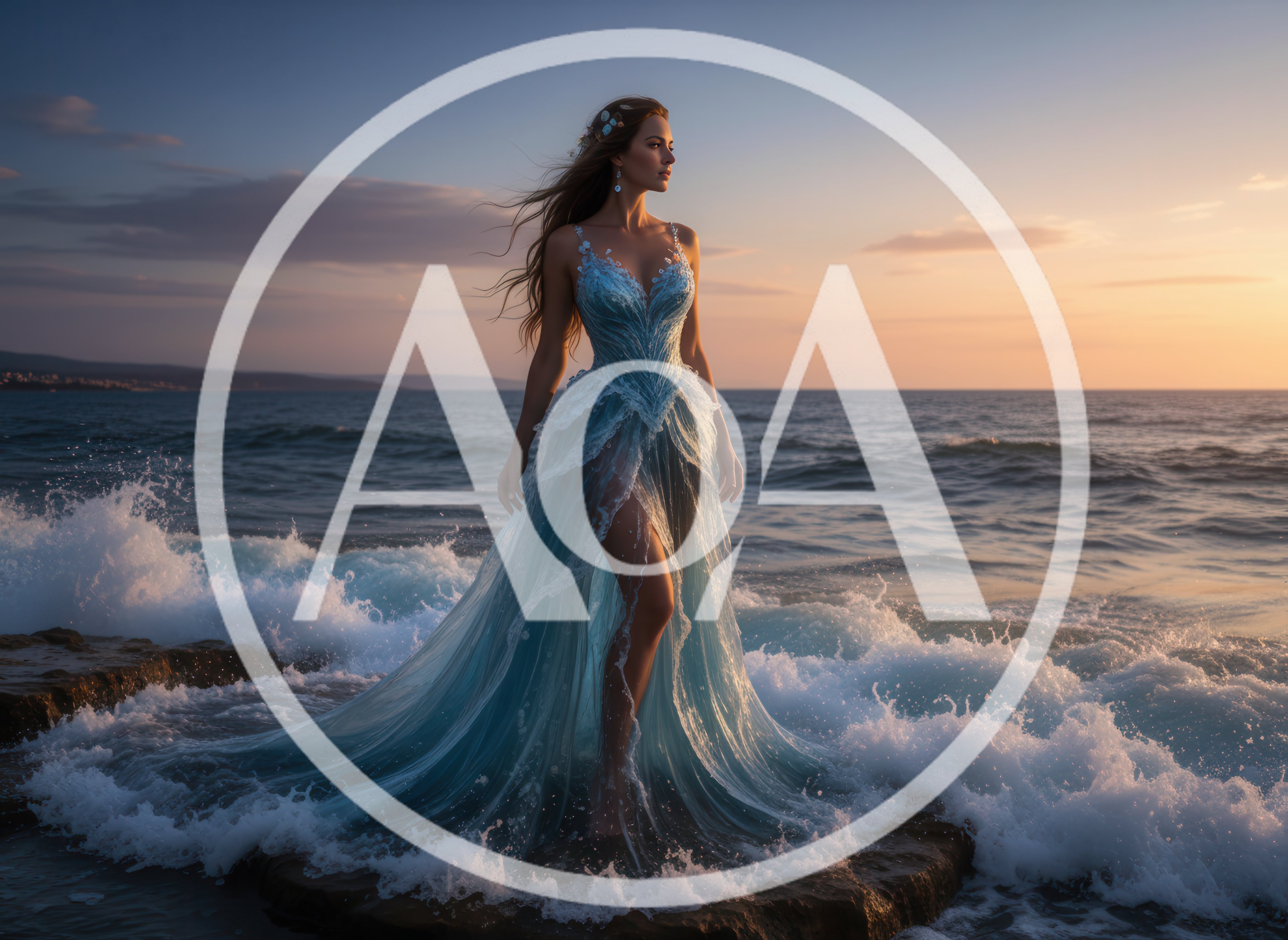 Ethereal Woman In Blue Gown Standing On Ocean Rocks