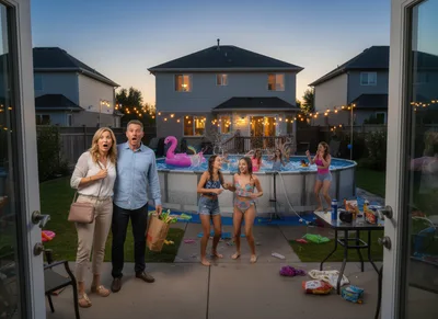 Surprised Parents Returning Home to Backyard Pool Party