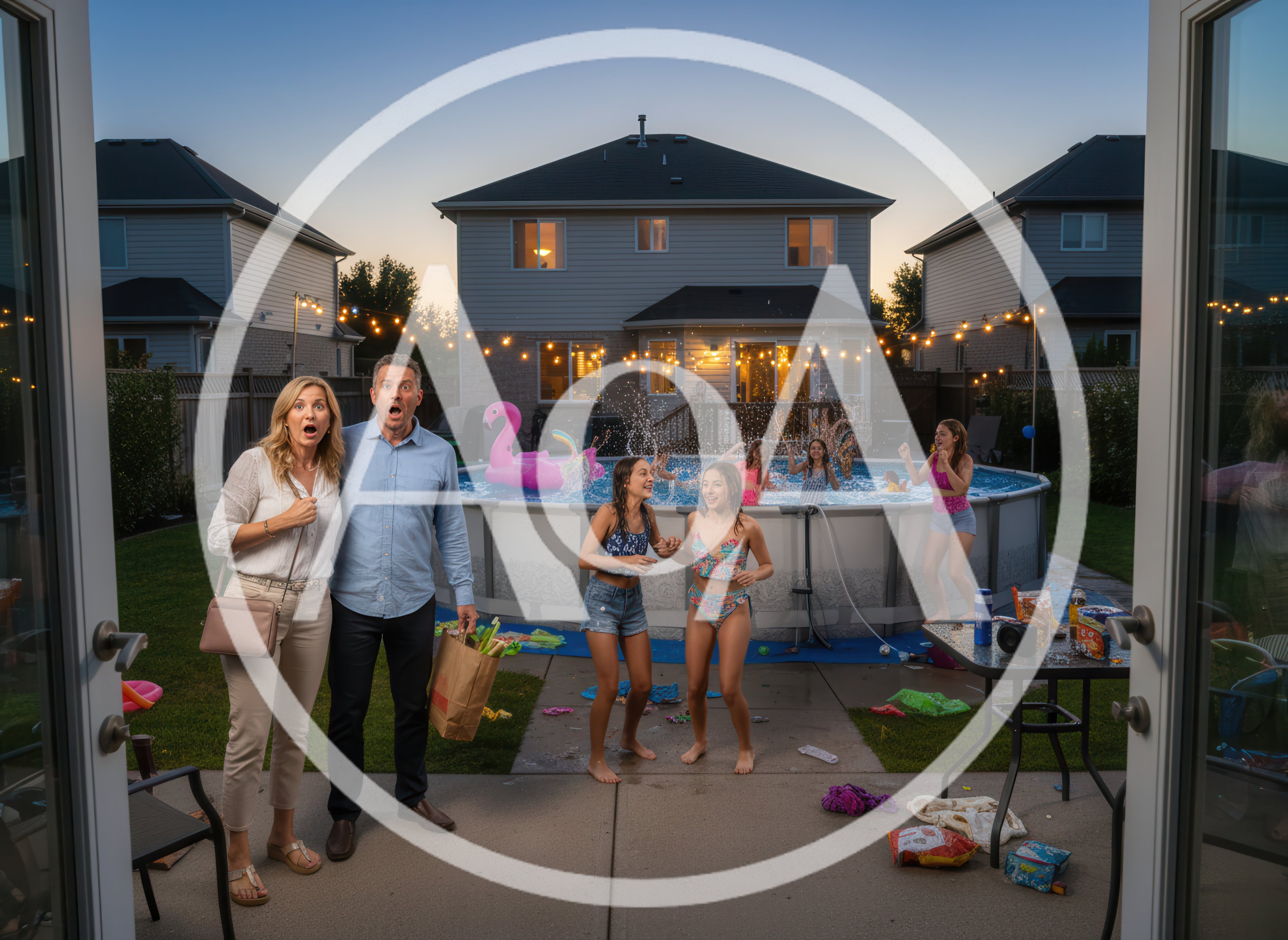 Surprised Parents Returning Home to Backyard Pool Party