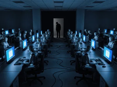 Human Supervisor Watching Robot Workforce in Dark Office
