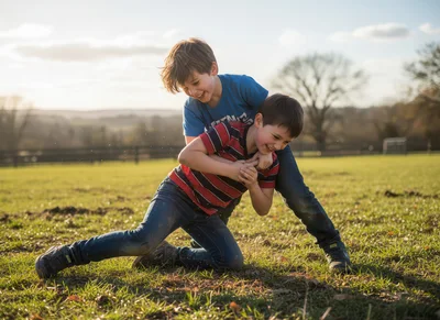 Two Young Boys Play Wrestling In A Sunny Field