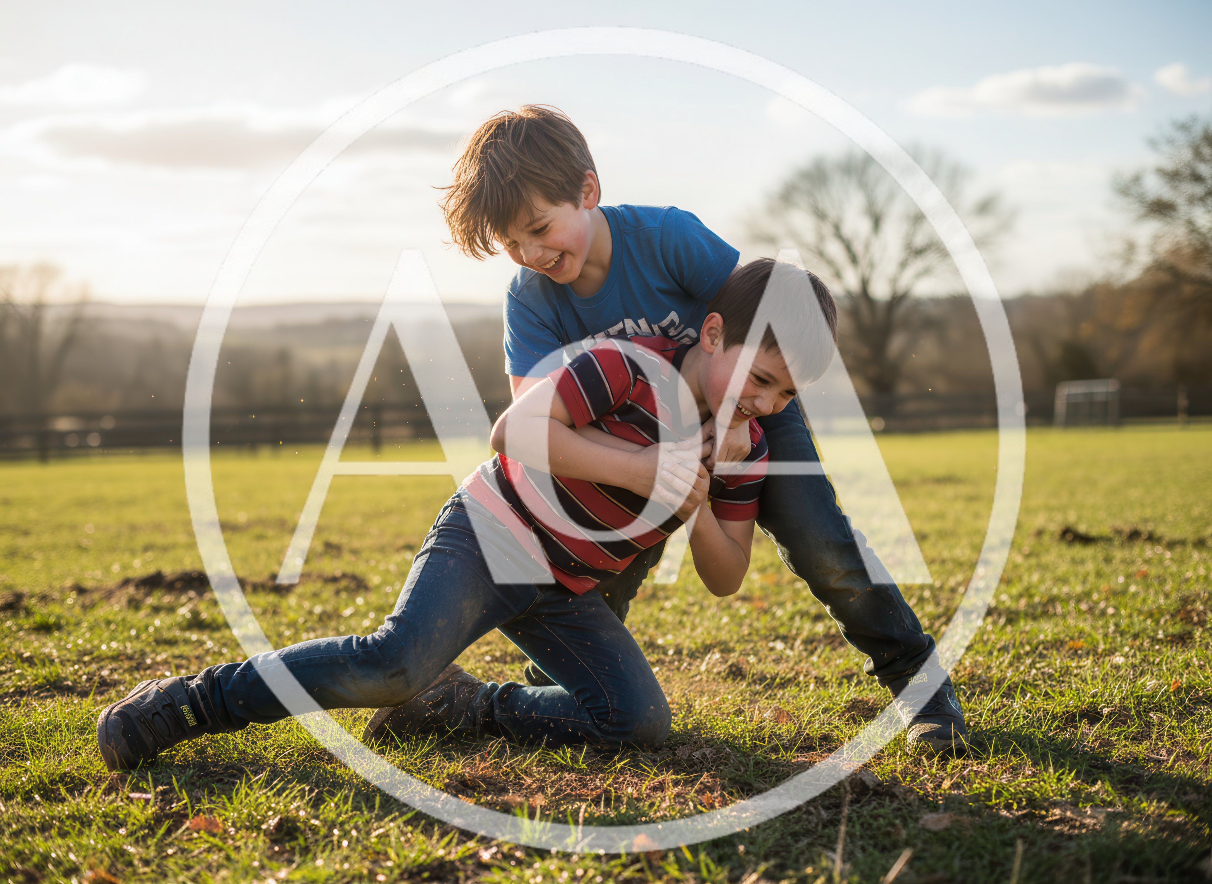 Two Young Boys Play Wrestling In A Sunny Field