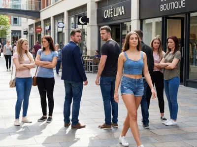 Group Of People Staring At A Woman Walking By