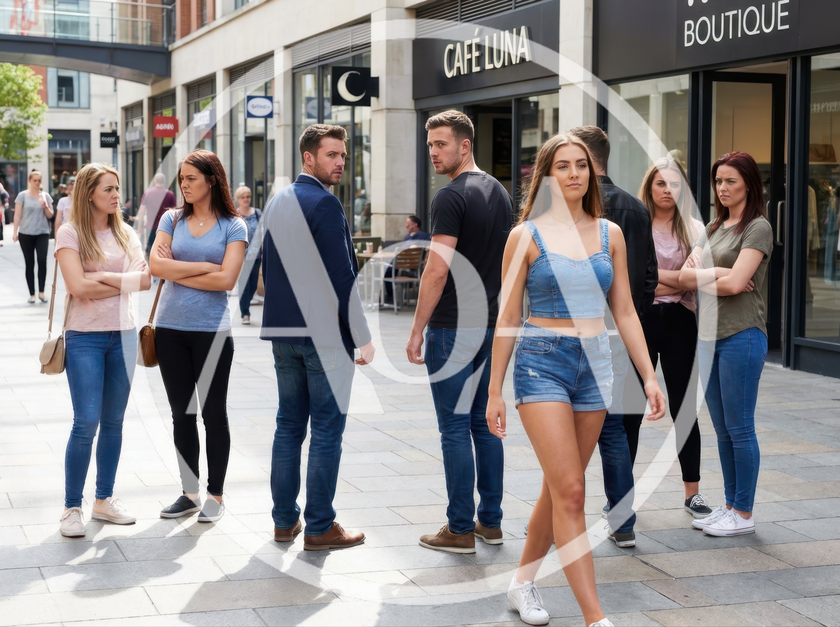 Group Of People Staring At A Woman Walking By