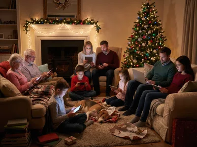 Multi-Generational Family Using Digital Devices During Christmas