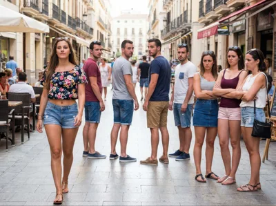 Group Of People Looking At A Woman Walking By