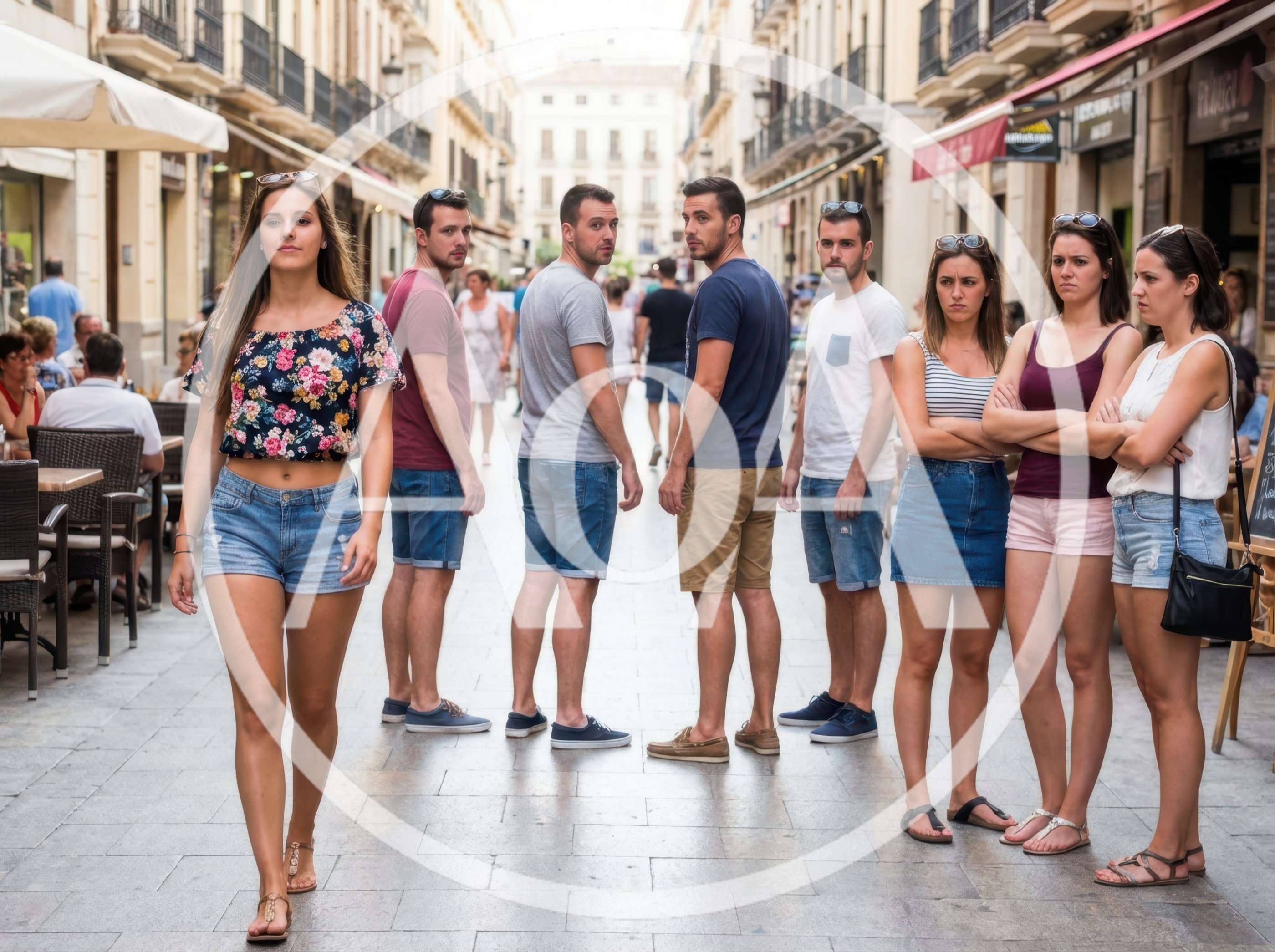 Group Of People Looking At A Woman Walking By