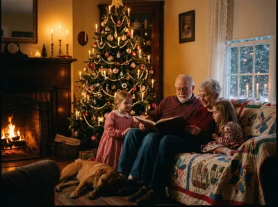 Grandparents Reading Storybook To Grandchildren By Christmas Tree