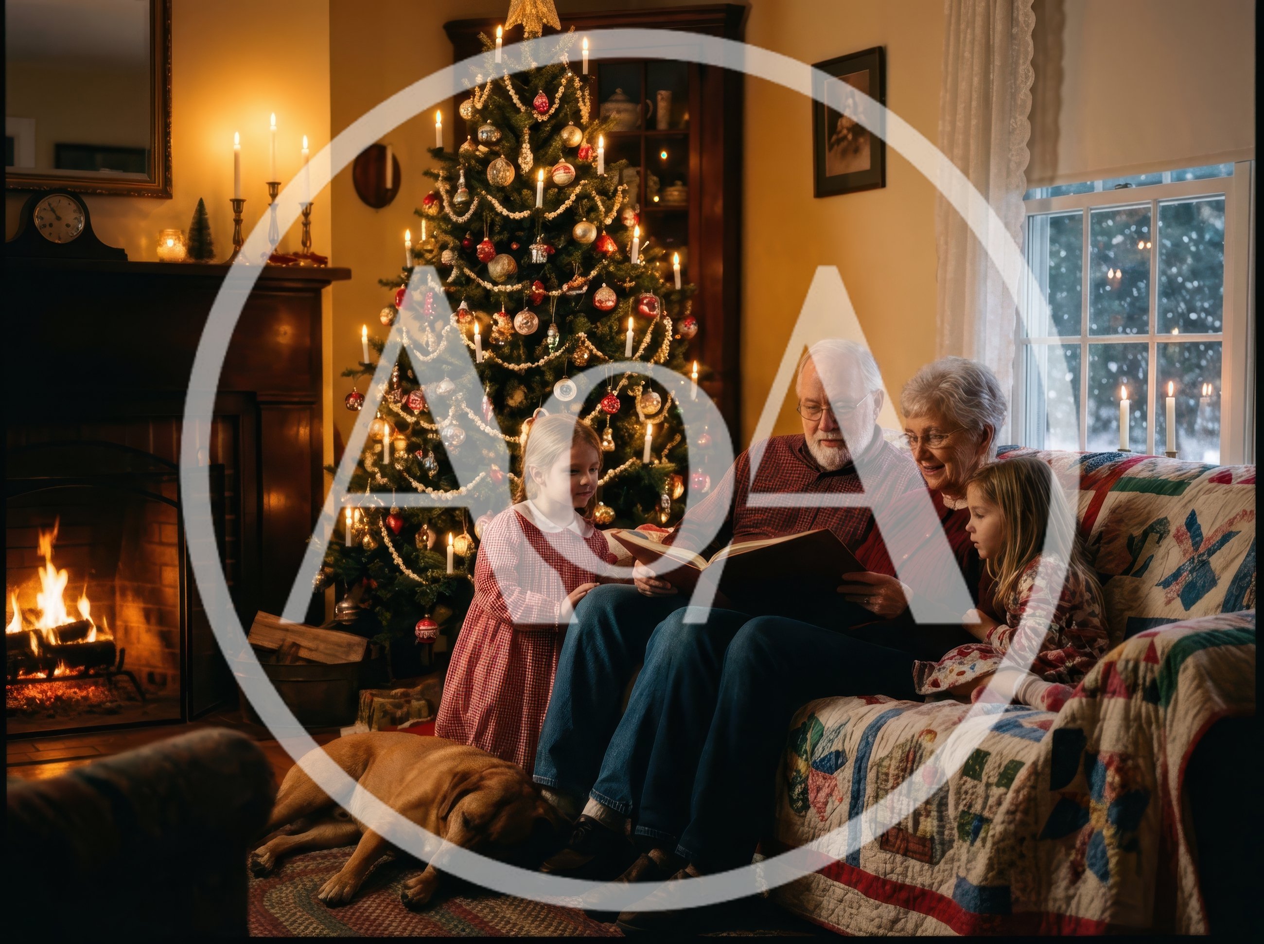Grandparents Reading Storybook To Grandchildren By Christmas Tree