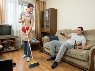 Woman Sweeping Floor While Man Watches Television