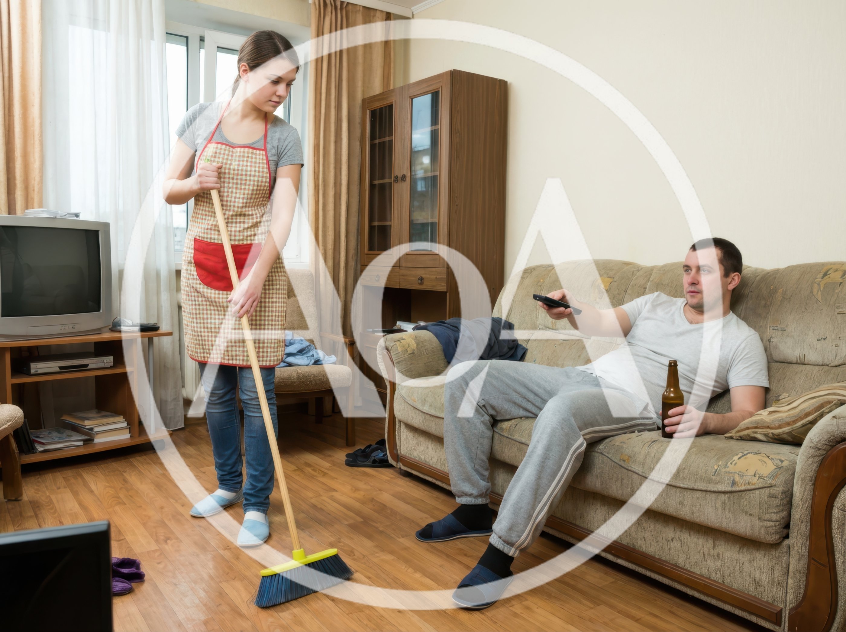 Woman Sweeping Floor While Man Watches Television