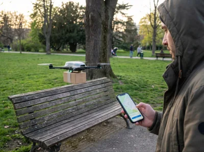 Man Controlling Delivery Drone With Smartphone In Park