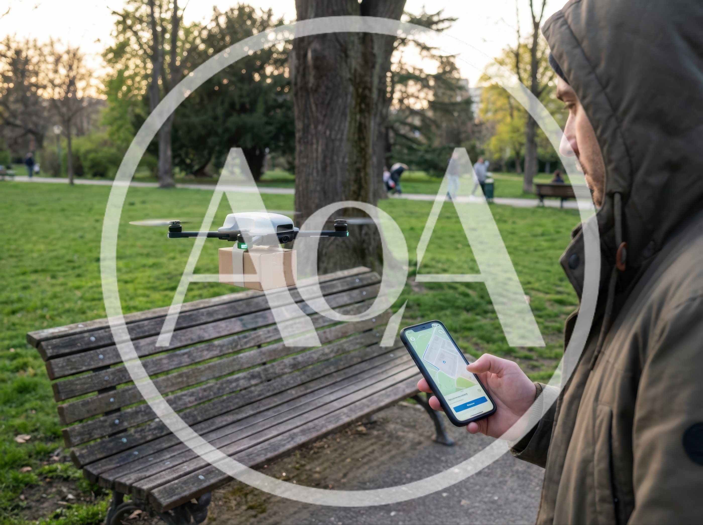 Man Controlling Delivery Drone With Smartphone In Park