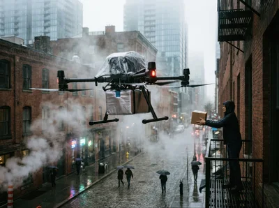 Drone Delivering Package To Person On City Balcony