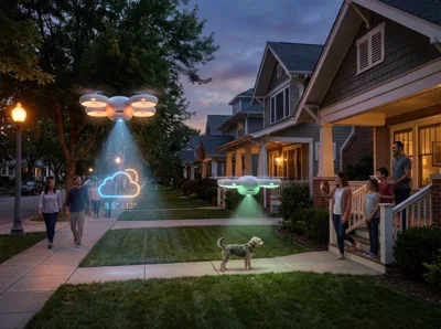 Futuristic Drones Monitoring Neighborhood In Suburban Setting