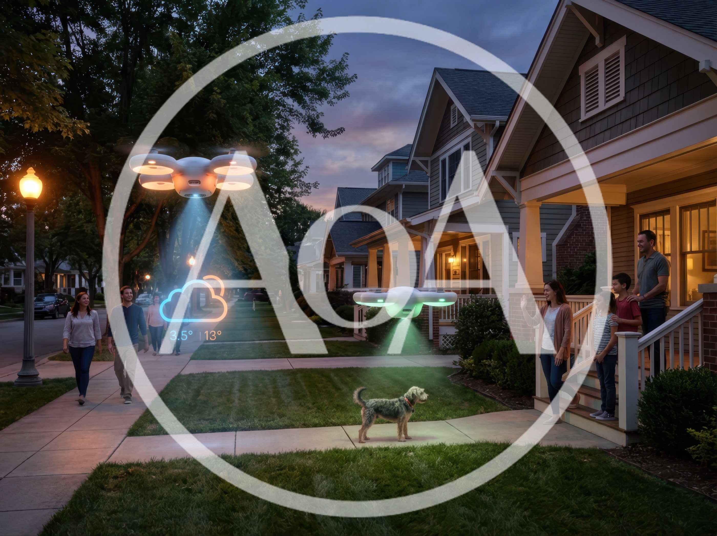 Futuristic Drones Monitoring Neighborhood In Suburban Setting