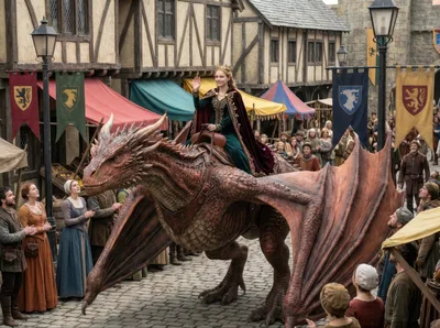 Queen Riding A Dragon Through A Medieval Village