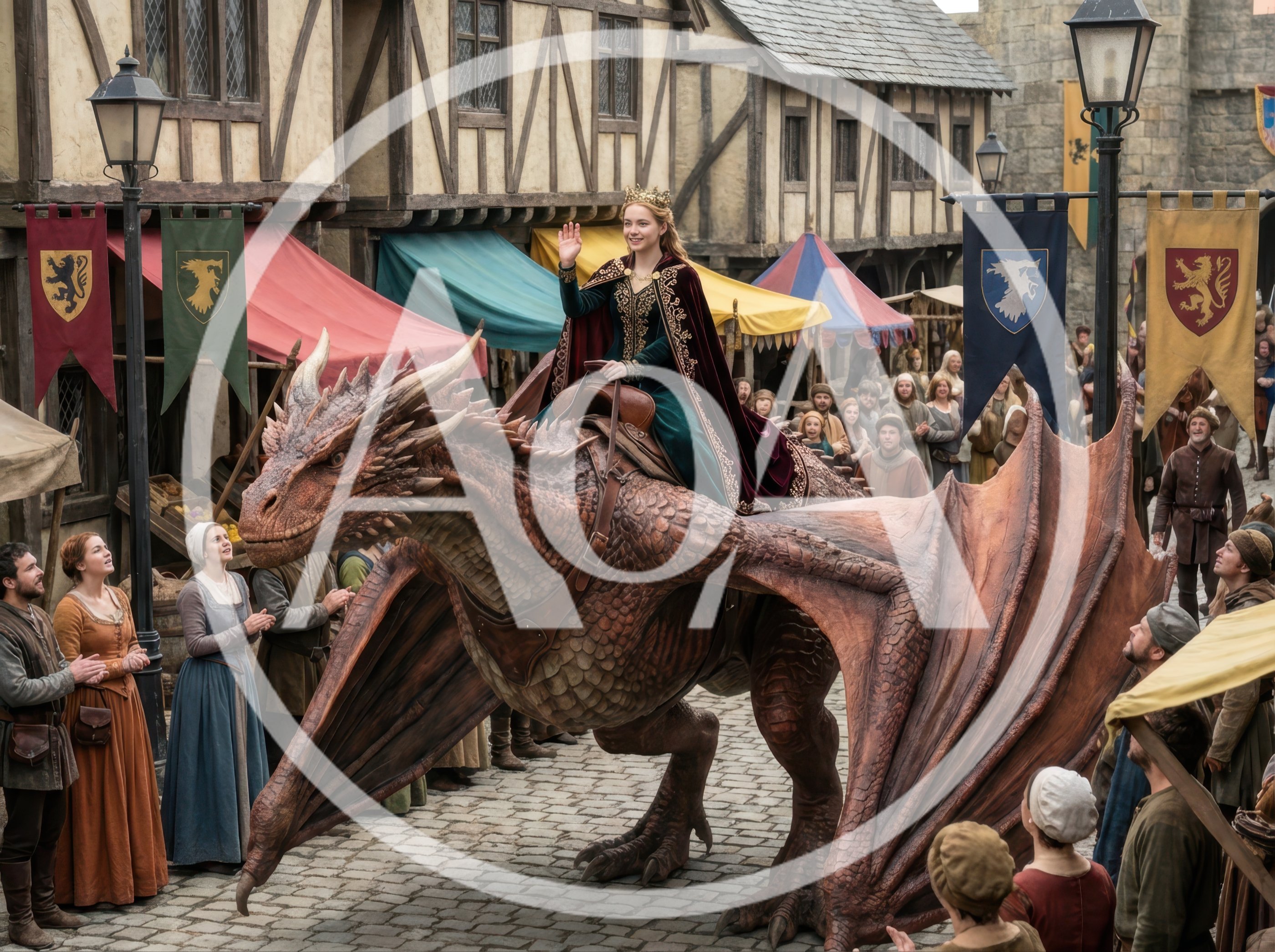 Queen Riding A Dragon Through A Medieval Village