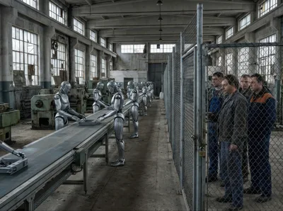 Human Workers Observing Robotic Assembly Line in Factory