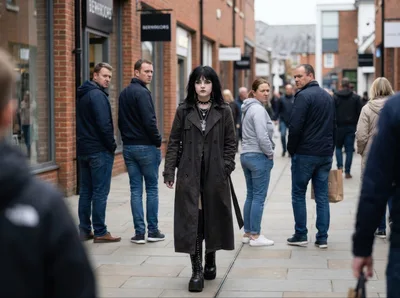 Goth Woman Walking Through A Busy Outdoor Shopping Center