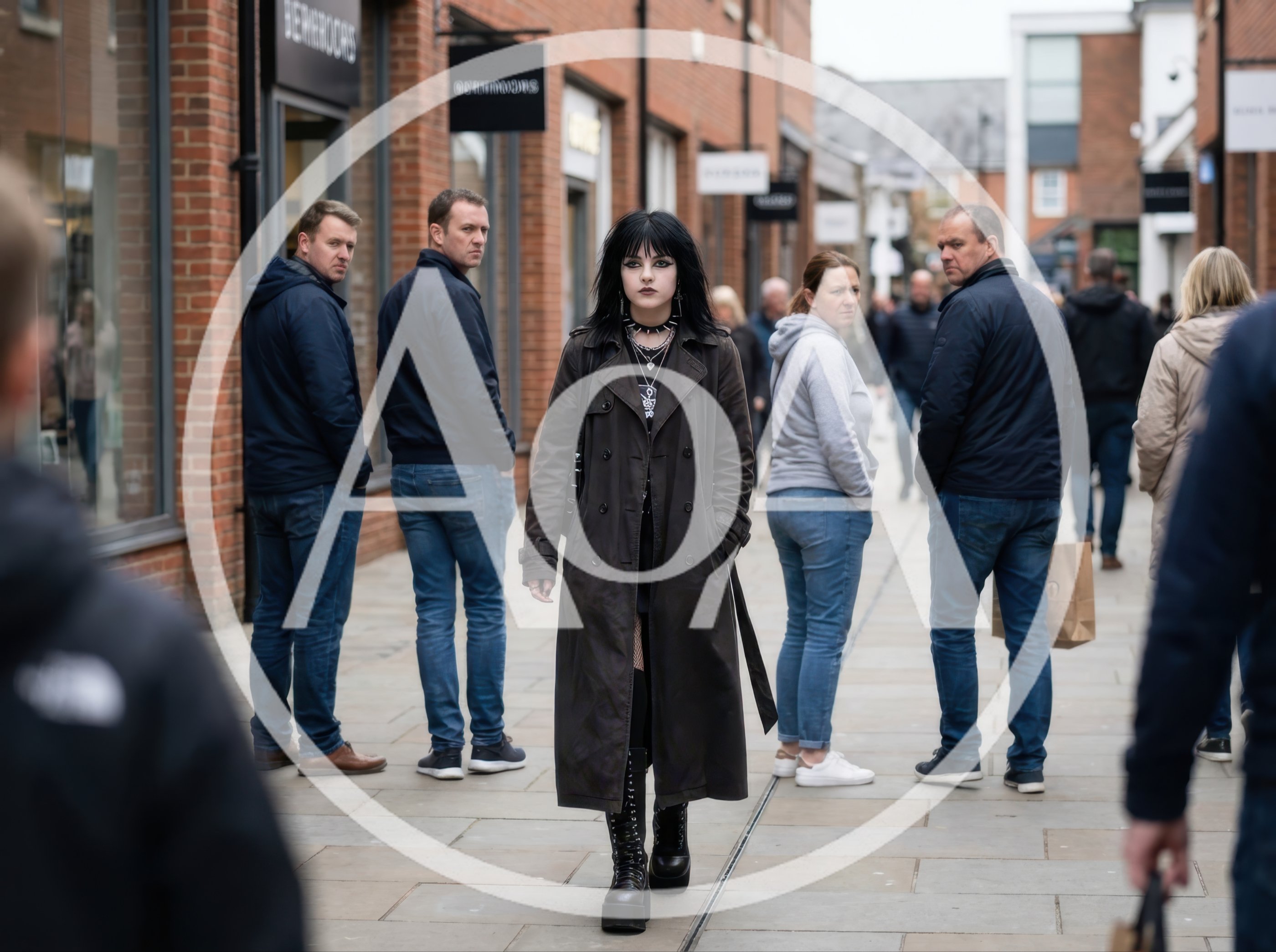 Goth Woman Walking Through A Busy Outdoor Shopping Center