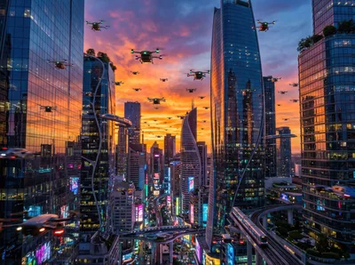 Futuristic Cityscape With Flying Drones And Elevated Trains