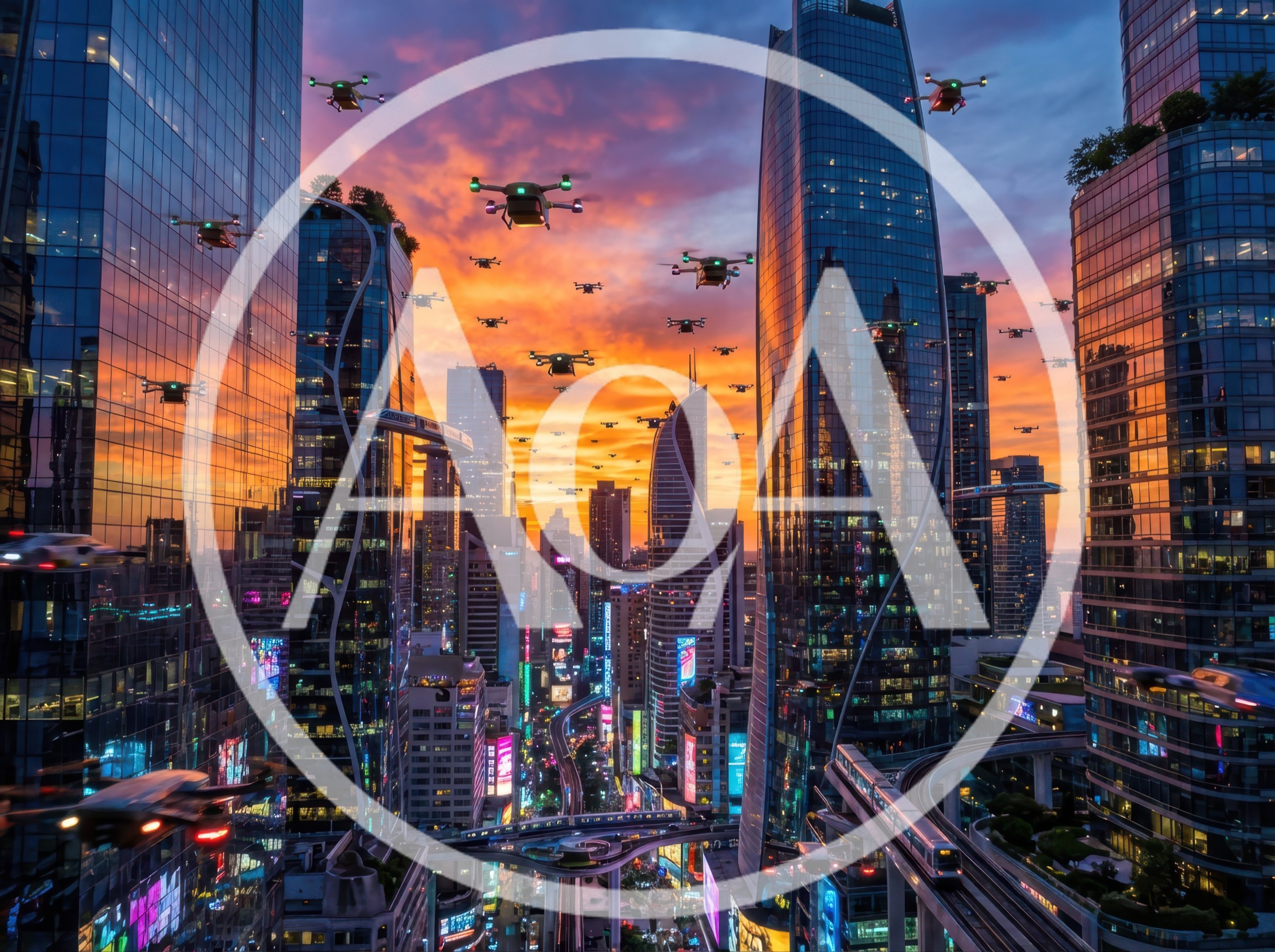 Futuristic Cityscape With Flying Drones And Elevated Trains