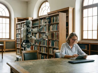 Robot Librarian Organizing Books In A Historic Library