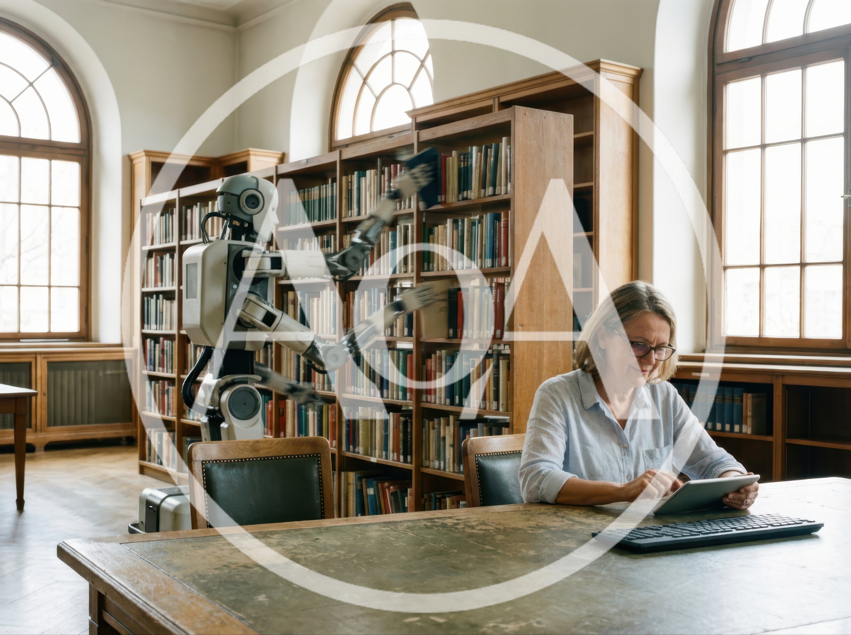 Robot Librarian Organizing Books In A Historic Library