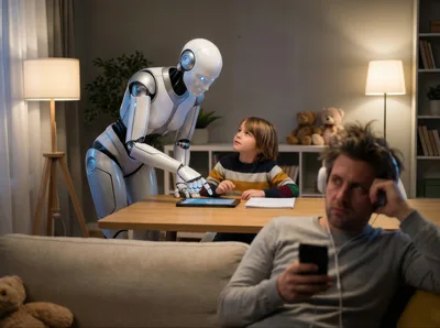 Humanoid Robot Tutoring A Young Boy At Home