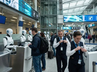 Humanoid Robots Assisting Passengers at Airport Check-in Counter